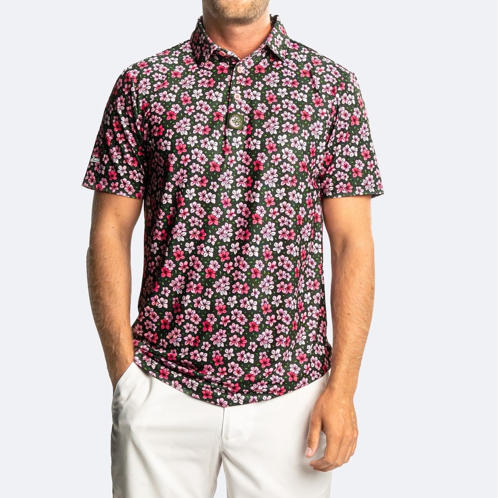 Birdieboss Mens XL Golf Polo Shirt Pink Cherry Blossom Floral Performance Green